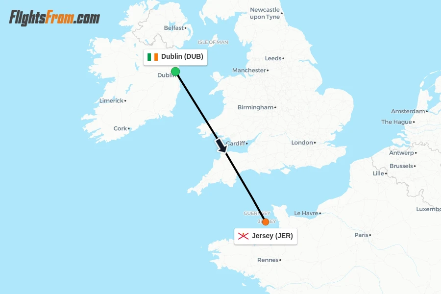 Flights from Dublin to Jersey route map