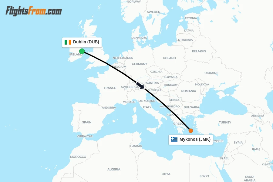 Flights from Dublin to Mykonos route map