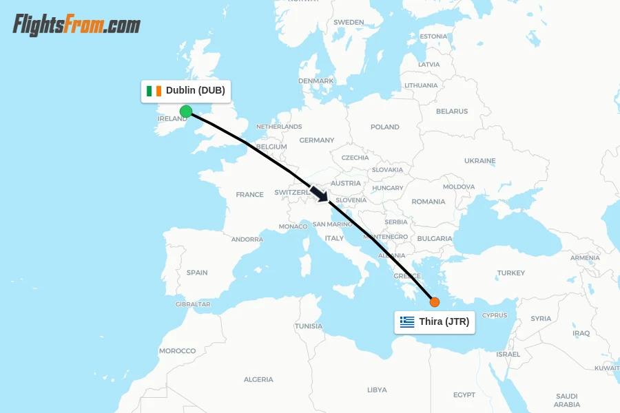Flights from Dublin to Thira route map