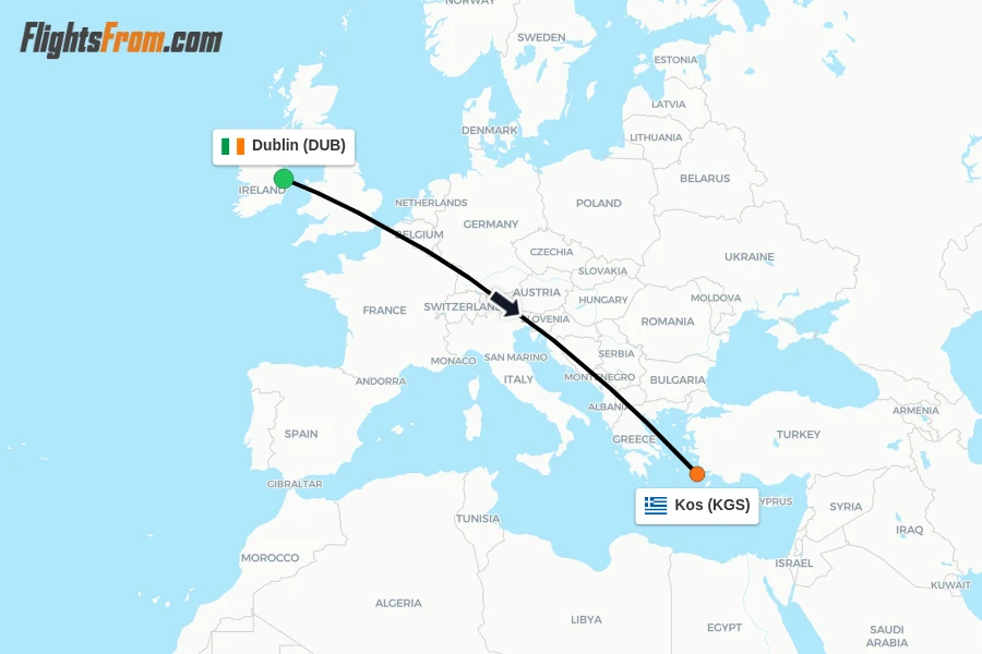 Flights from Dublin to Kos route map