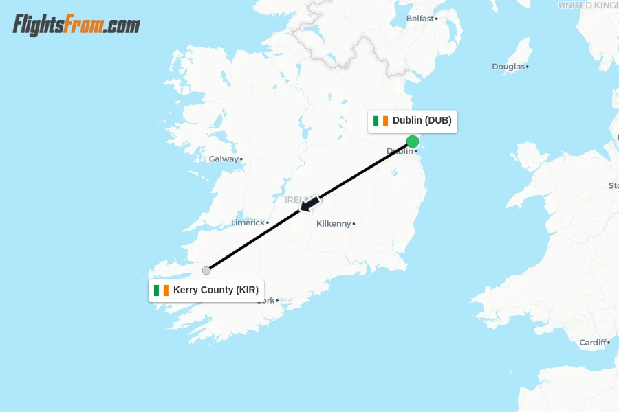 Flights from Dublin to Kerry County route map