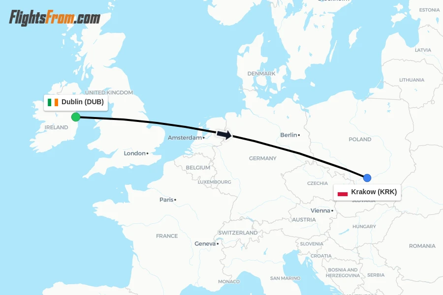 Flights from Dublin to Krakow route map
