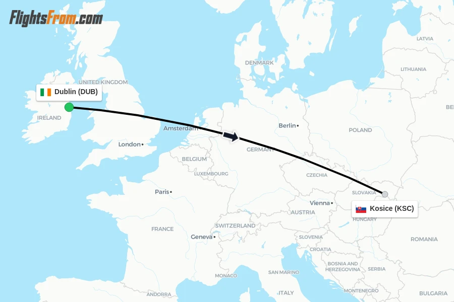 Flights from Dublin to Kosice route map