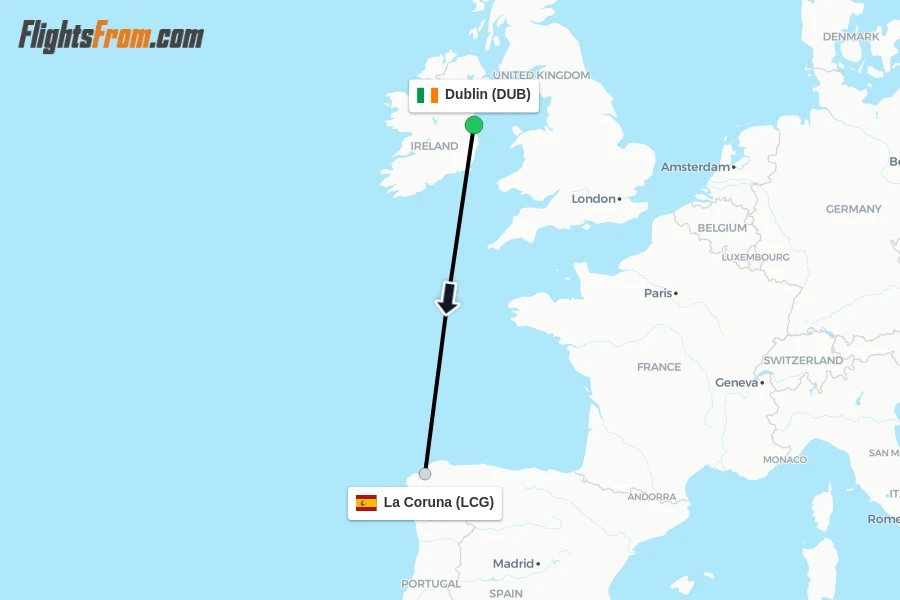 Flights from Dublin to La Coruna route map