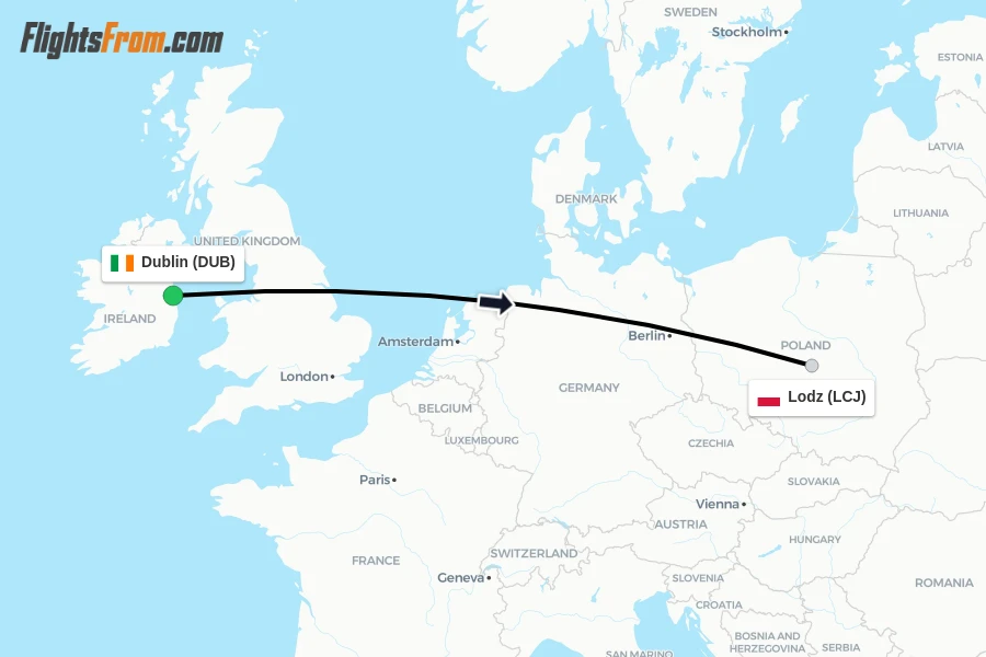 Flights from Dublin to Lodz route map