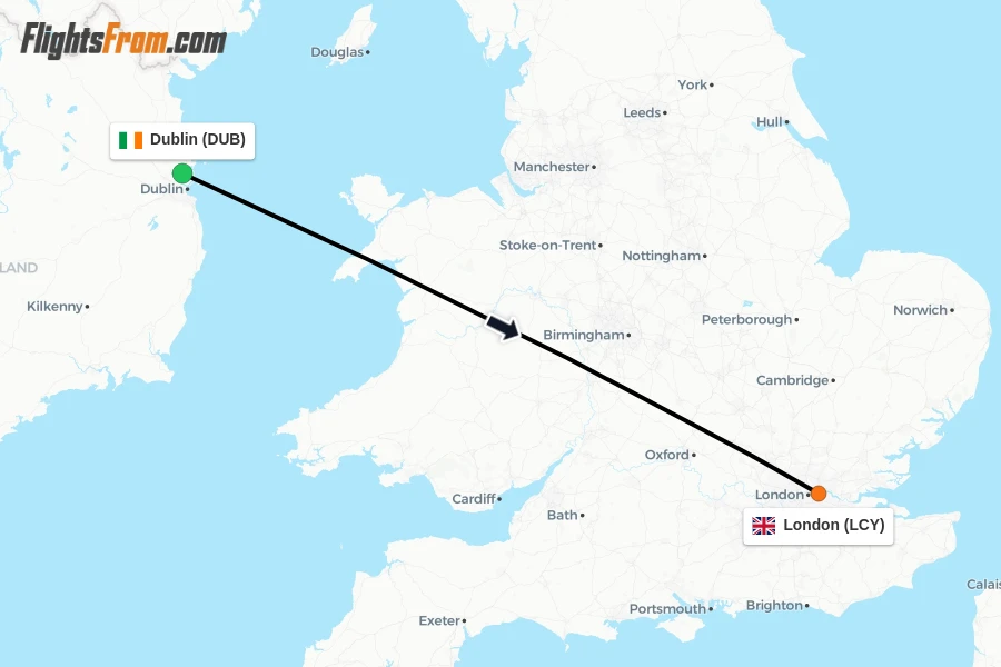 Flights from Dublin to London route map