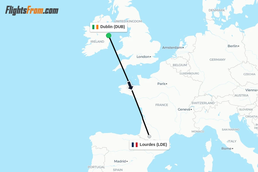 Flights from Dublin to Lourdes route map