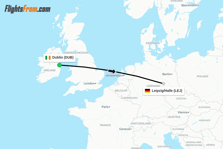 Flights from Dublin to Leipzig/Halle route map