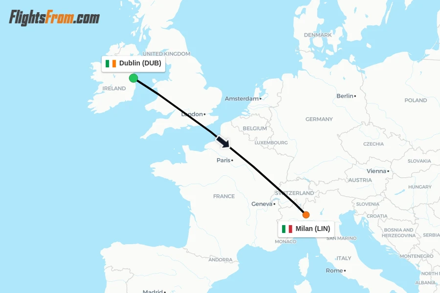 Flights from Dublin to Milan route map