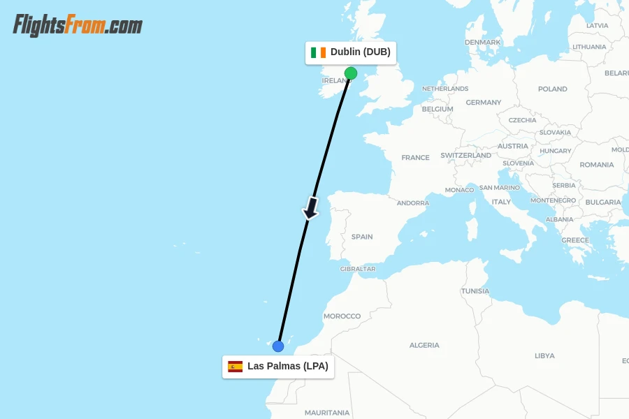 Flights from Dublin to Las Palmas route map