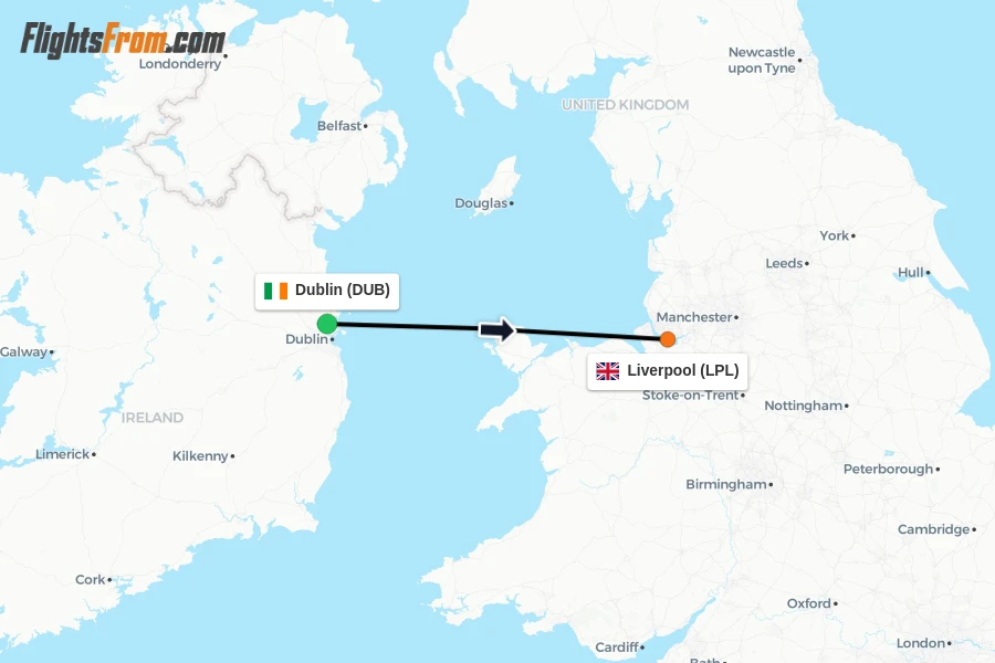 Flights from Dublin to Liverpool route map