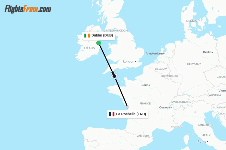Flights from Dublin to La Rochelle route map