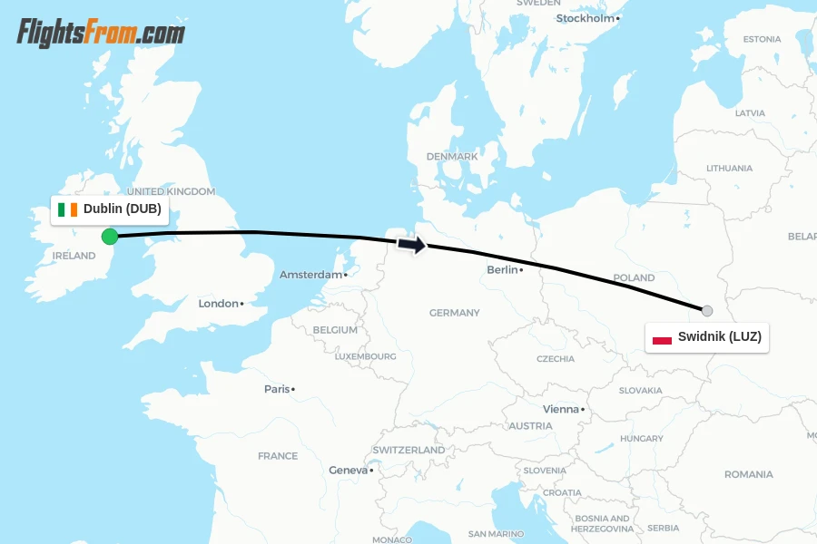 Flights from Dublin to Swidnik route map