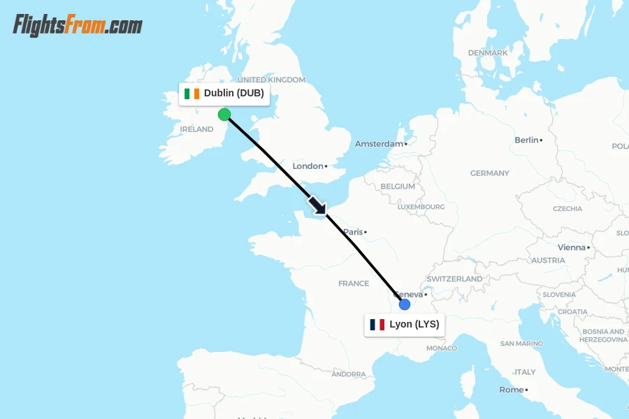 Flights from Dublin to Lyon route map