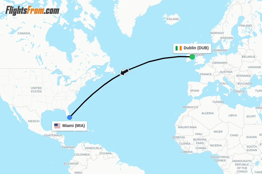 Flights from Dublin to Miami route map
