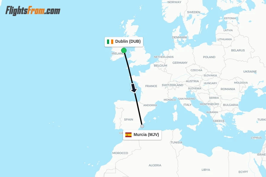 Flights from Dublin to Murcia route map