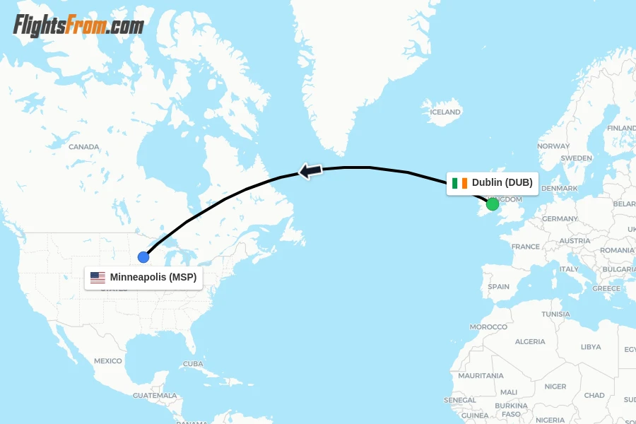 Flights from Dublin to Minneapolis route map