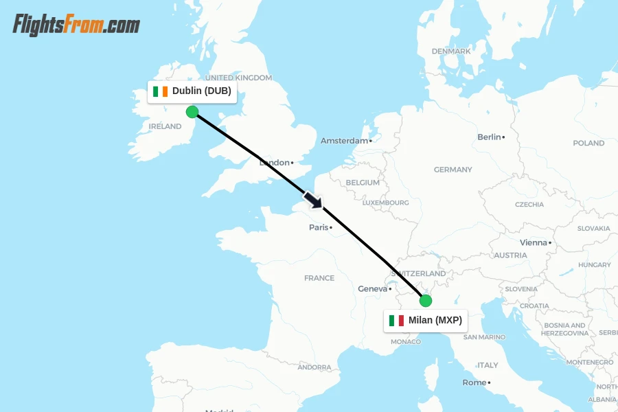 Flights from Dublin to Milan route map