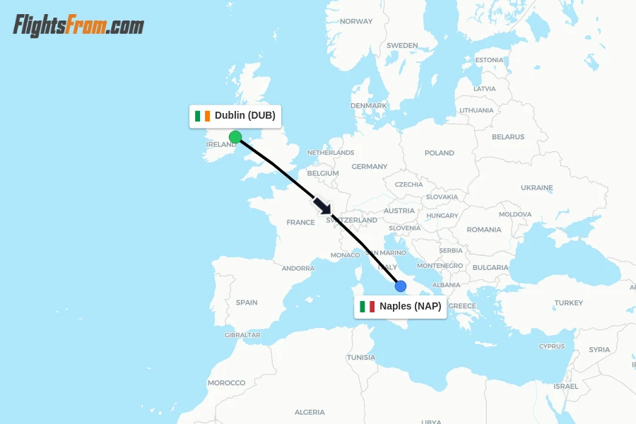 Flights from Dublin to Naples route map
