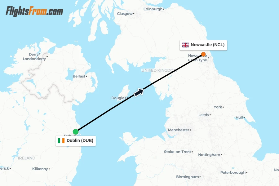 Flights from Dublin to Newcastle route map