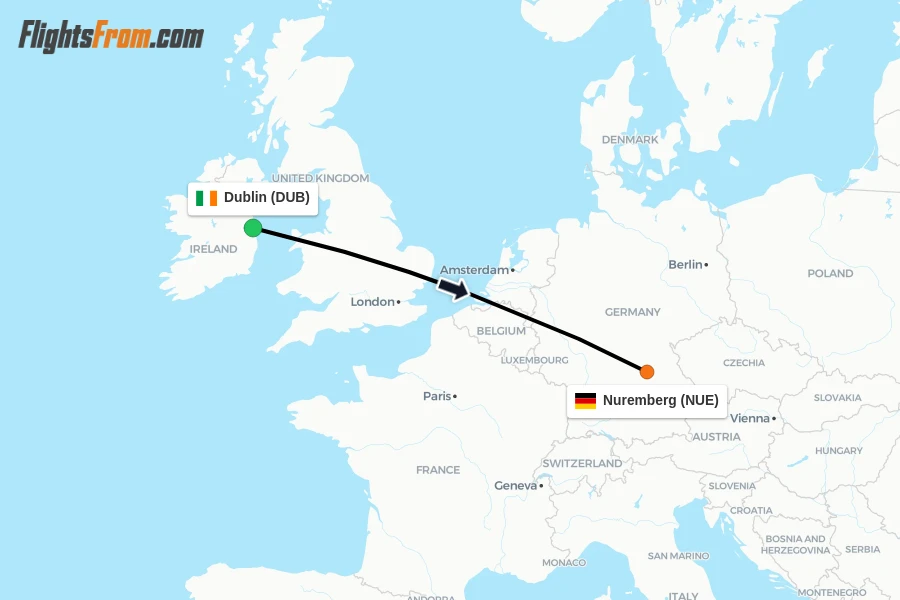 Flights from Dublin to Nuremberg route map