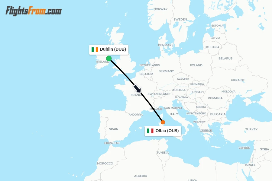 Flights from Dublin to Olbia route map