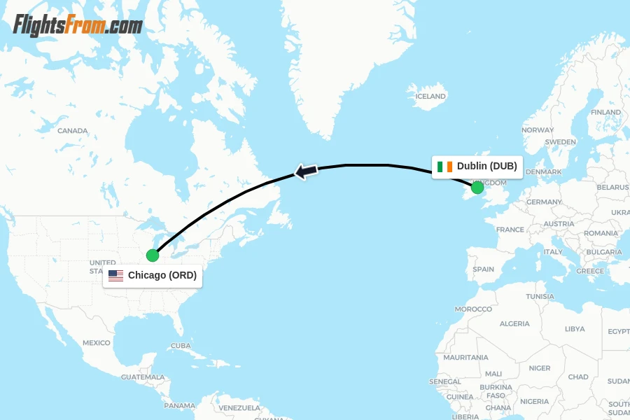 Flights from Dublin to Chicago route map