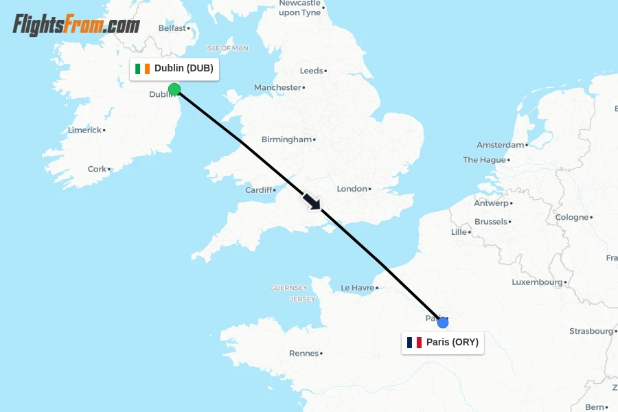 Flights from Dublin to Paris route map