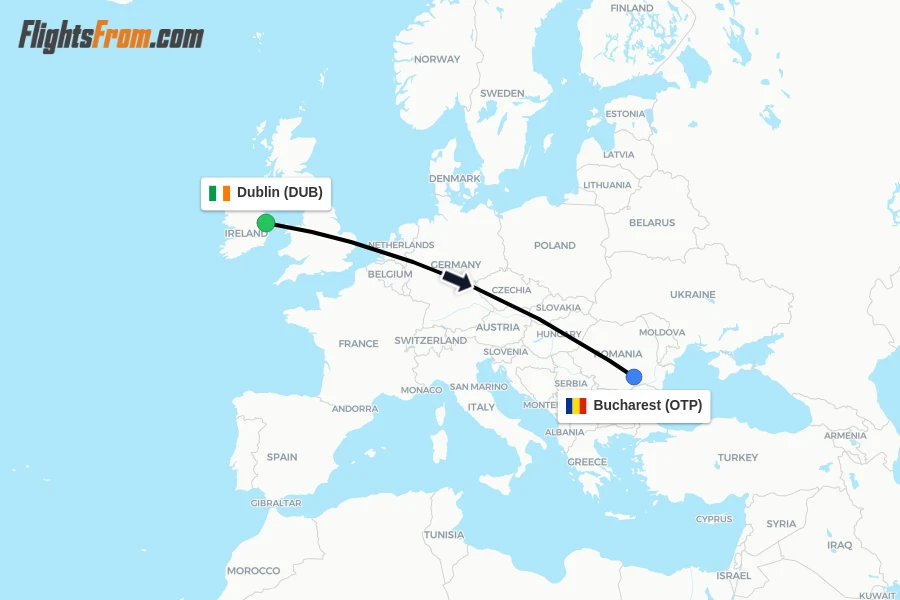 Flights from Dublin to Bucharest route map
