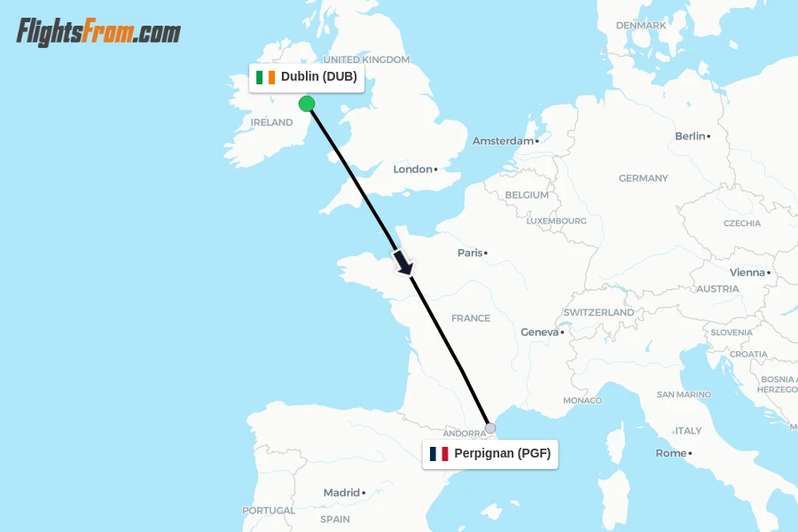 Flights from Dublin to Perpignan route map