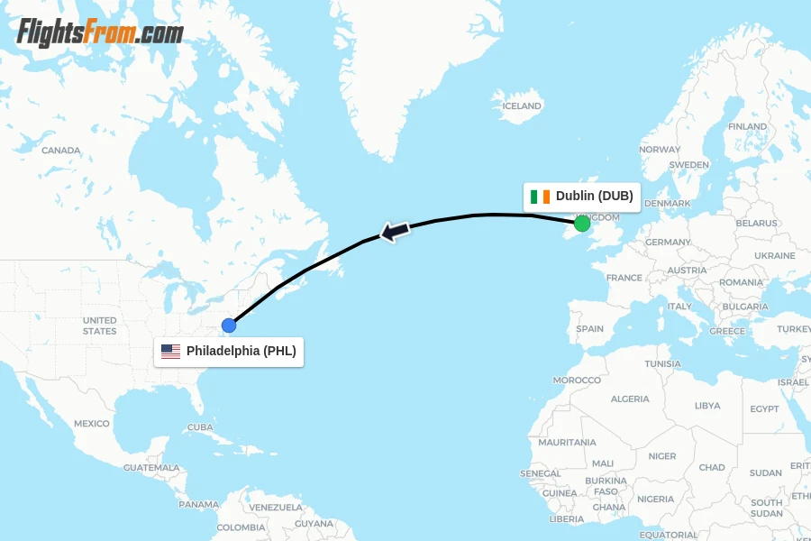 Flights from Dublin to Philadelphia route map