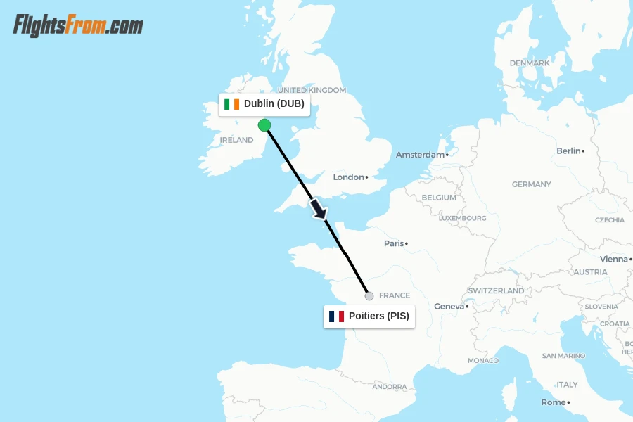 Flights from Dublin to Poitiers route map
