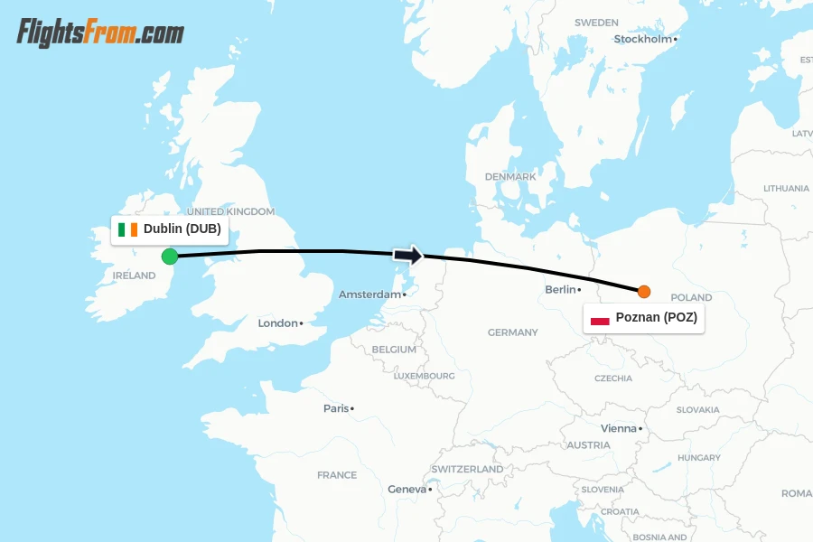 Flights from Dublin to Poznan route map