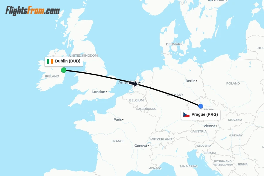 Flights from Dublin to Prague route map