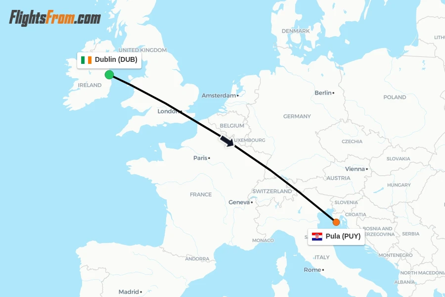 Flights from Dublin to Pula route map