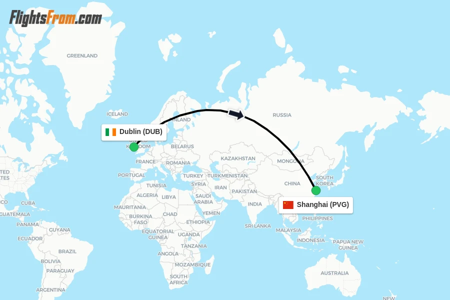 Flights from Dublin to Shanghai route map
