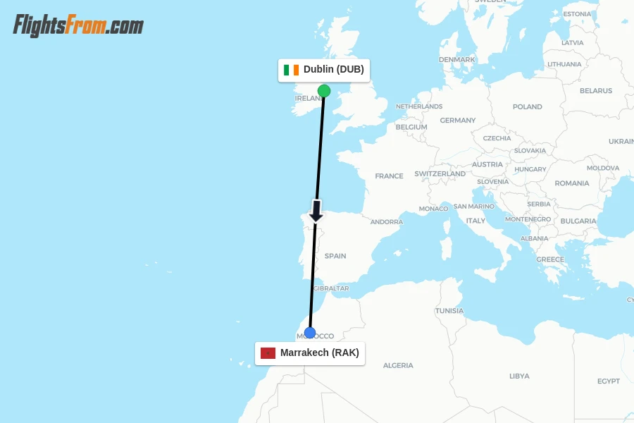 Flights from Dublin to Marrakech route map