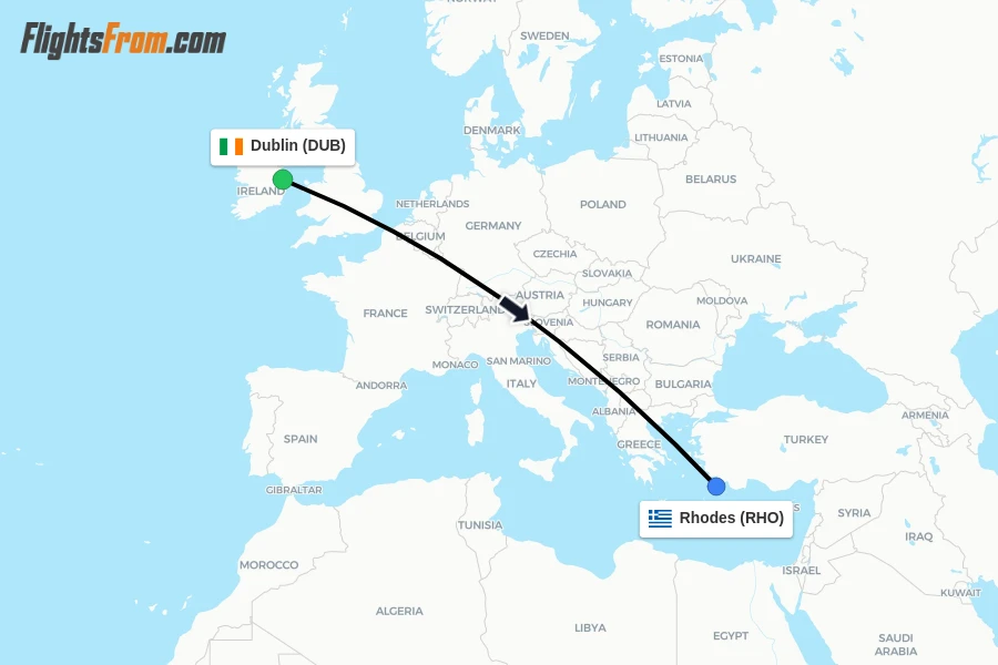Flights from Dublin to Rhodes route map