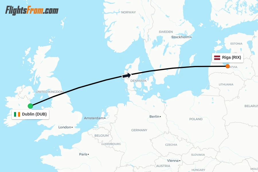 Flights from Dublin to Riga route map