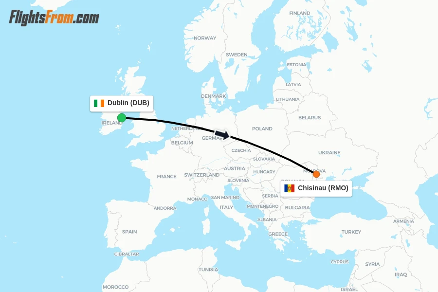 Flights from Dublin to Chisinau route map