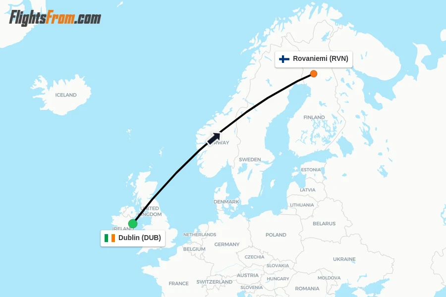 Flights from Dublin to Rovaniemi route map