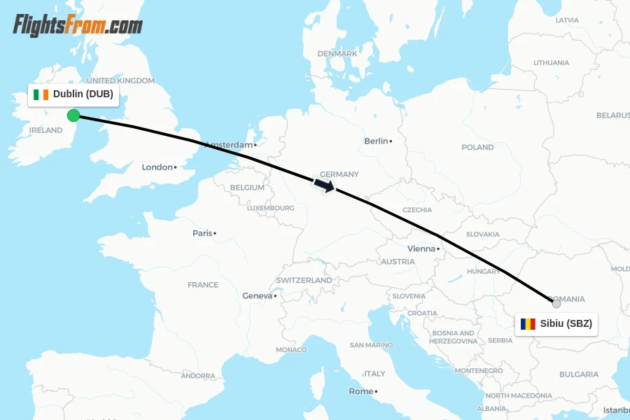 Flights from Dublin to Sibiu route map