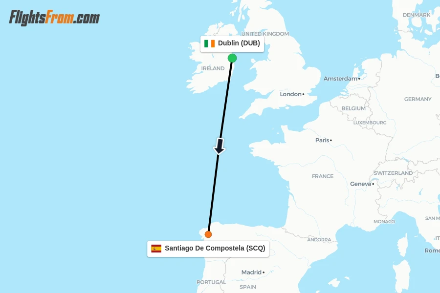 Flights from Dublin to Santiago De Compostela route map