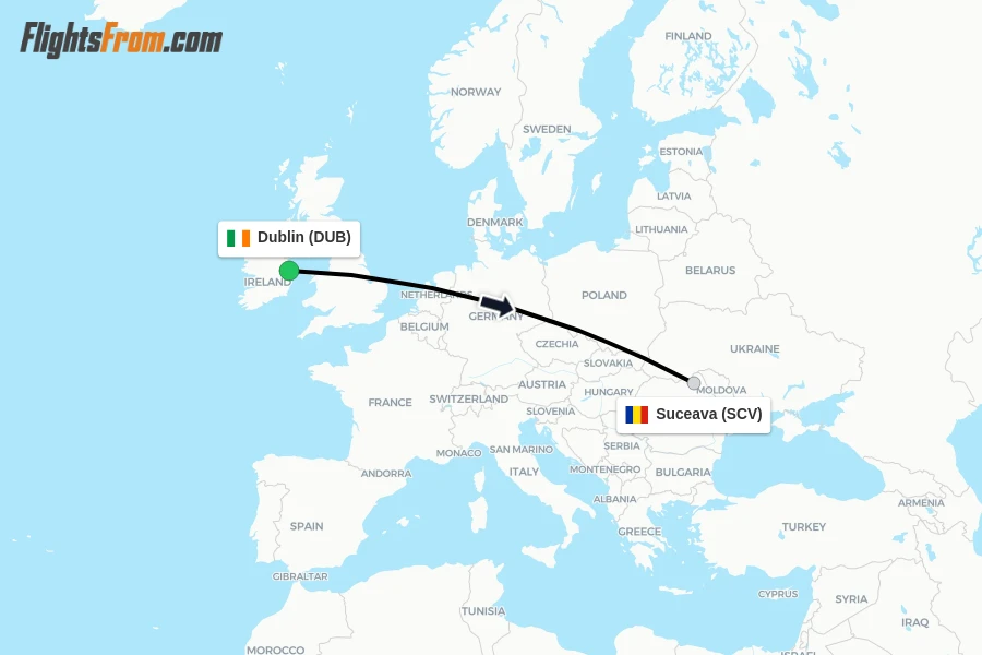 Flights from Dublin to Suceava route map