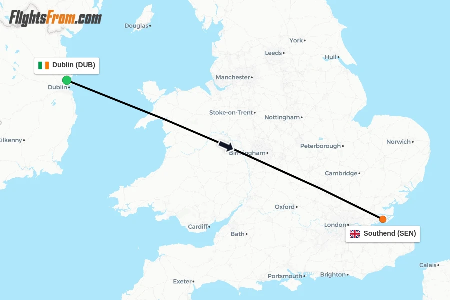 Flights from Dublin to Southend route map