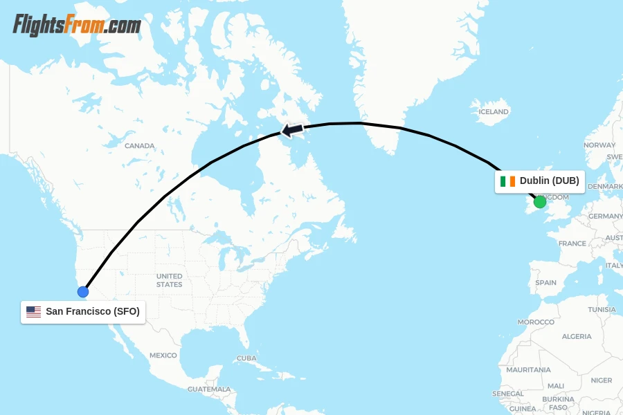 Flights from Dublin to San Francisco route map