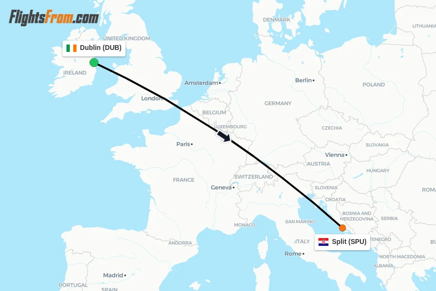 Flights from Dublin to Split route map