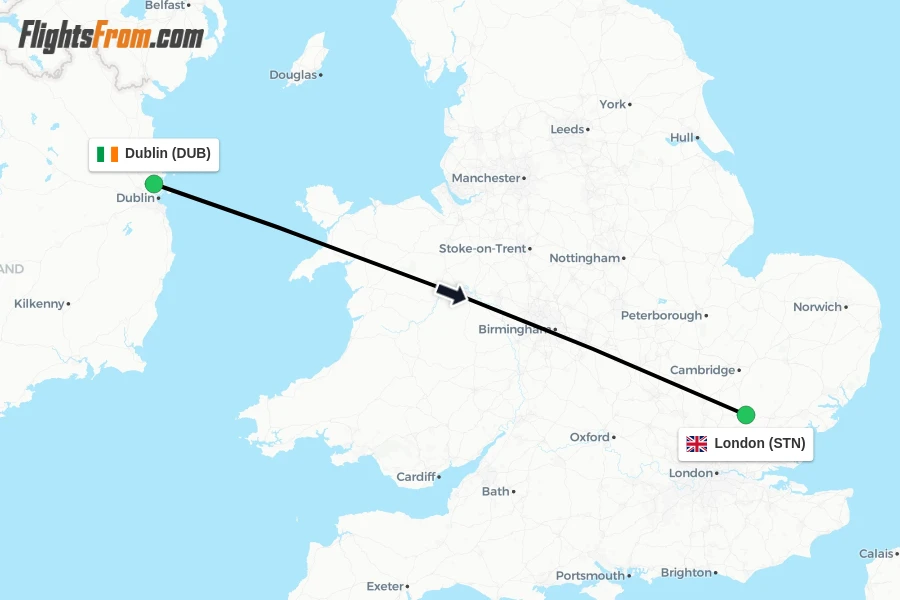 Flights from Dublin to London route map