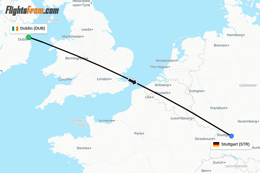 Flights from Dublin to Stuttgart route map