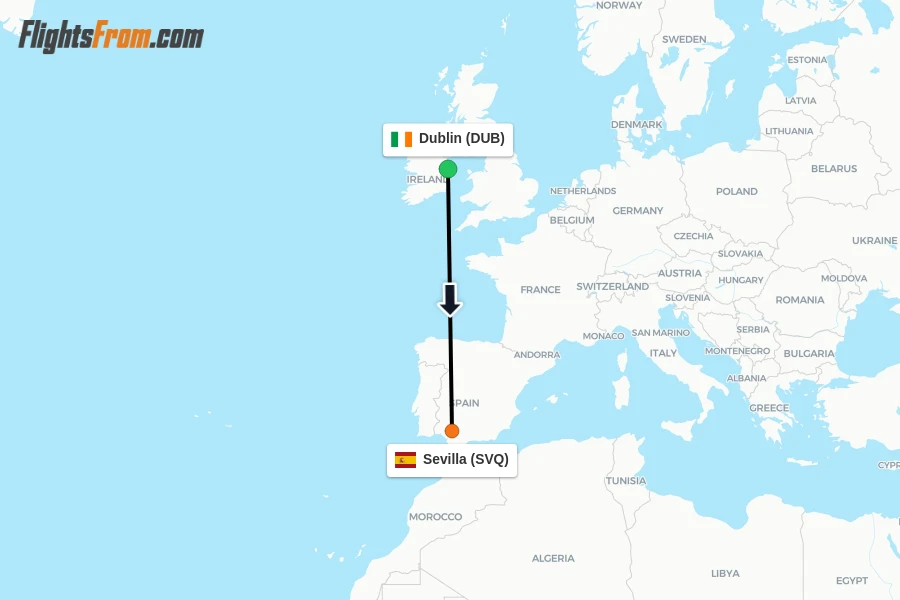 Flights from Dublin to Sevilla route map